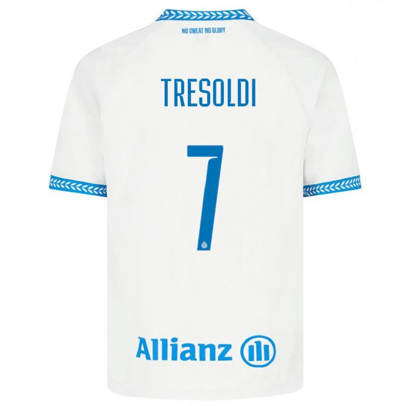 Danxen Barn Nicolò Tresoldi #7 Blå Vit Bortatröja Matchtröjor 2025/26 Tröjor T-Tröja