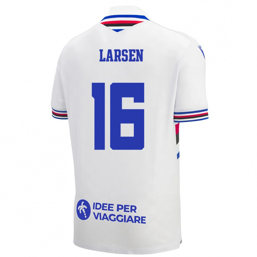 Danxen Män Kathrine Østergaard Larsen #16 Vit Blå Röd Bortatröja Matchtröjor 2025/26 Tröjor T-Tröja