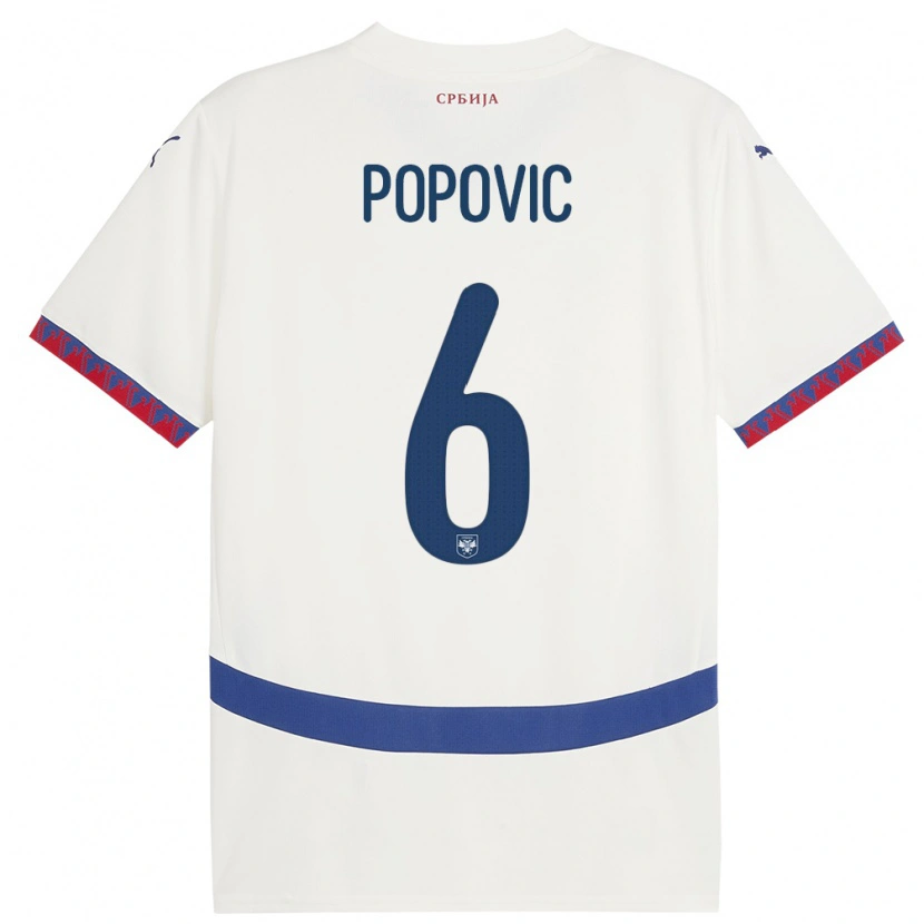 Danxen Barn Serbien Andrej Popovic #6 Vit Bortatröja Matchtröjor 24-26 Tröjor T-Tröja