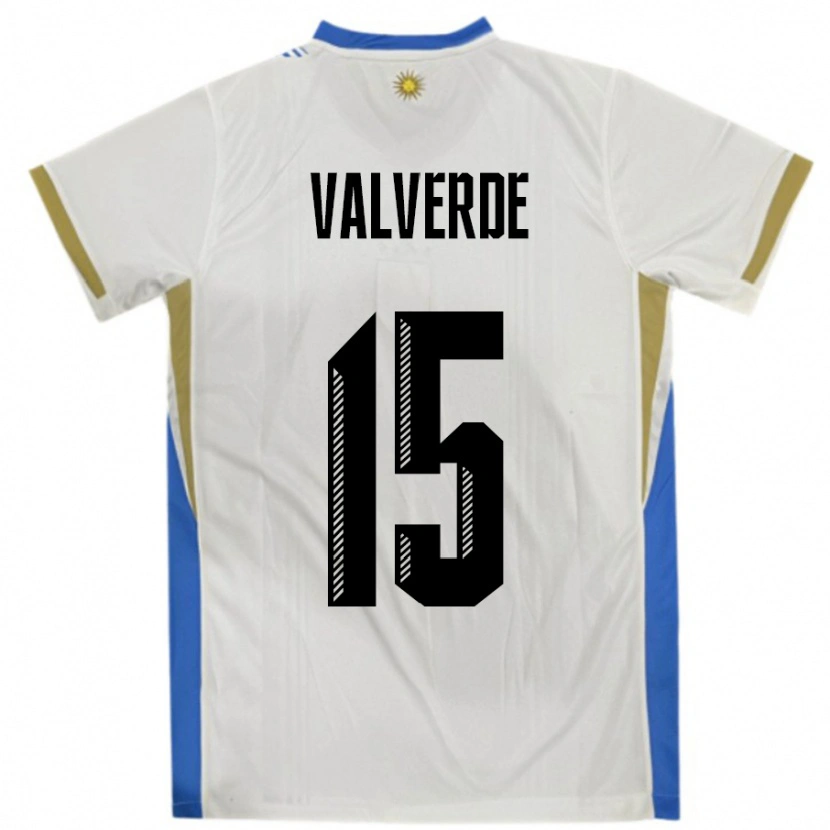 Danxen Barn Uruguay Federico Valverde #15 Vit Blå Bortatröja Matchtröjor 24-26 Tröjor T-Tröja