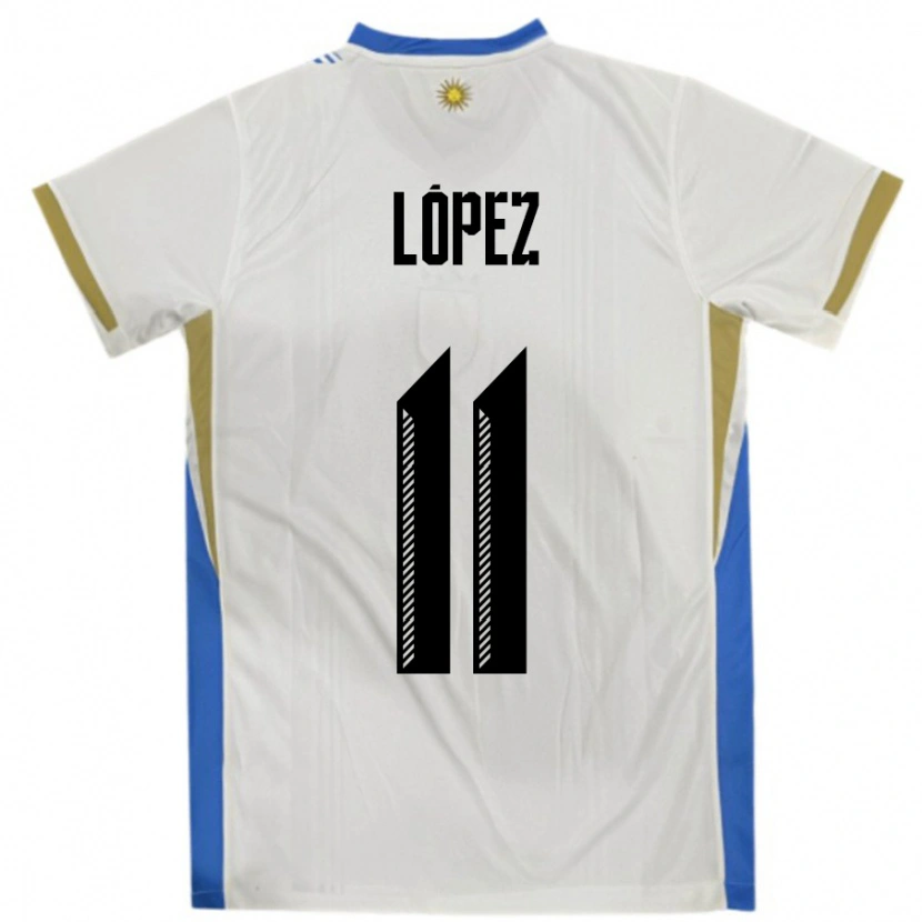 Danxen Barn Uruguay Guillermo Lopez #11 Vit Blå Bortatröja Matchtröjor 24-26 Tröjor T-Tröja