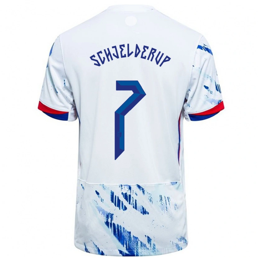 Danxen Män Norge Andreas Schjelderup #7 Vit Blå Bortatröja Matchtröjor 24-26 Tröjor T-Tröja