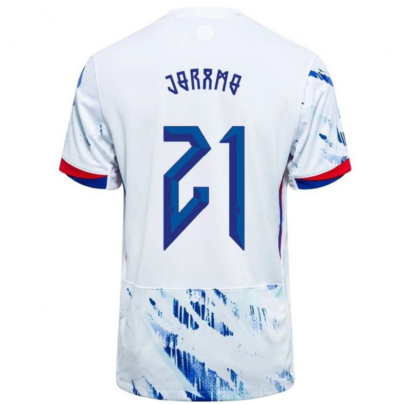 Danxen Män Norge Emilie Joramo #21 Vit Blå Bortatröja Matchtröjor 24-26 Tröjor T-Tröja