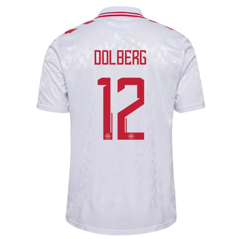 Danxen Kvinnor Danmark Kasper Dolberg #12 Vit Bortatröja Matchtröjor 24-26 Tröjor T-Tröja