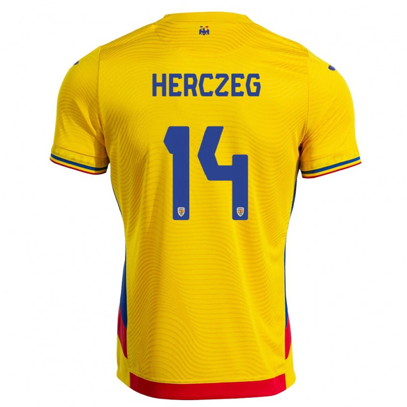 Danxen Barn Rumänien Andrea Herczeg #14 Gul Röd Hemmatröja Matchtröjor 26-28 Tröjor T-Tröja