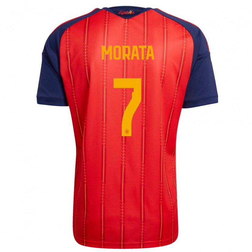Danxen Barn Spanien Alvaro Morata #7 Röd Marin Gul Hemmatröja Matchtröjor 26-28 Tröjor T-Tröja