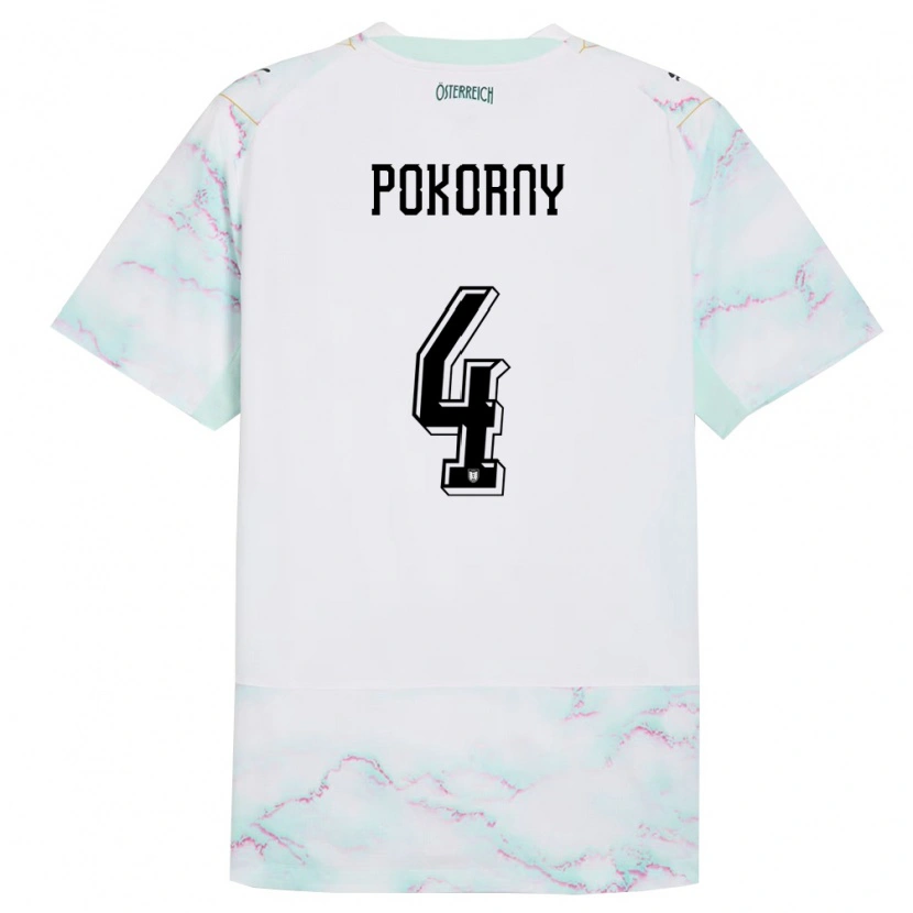 Danxen Barn Österrike Jakob Pokorny #4 Vit Grön Guld Bortatröja Matchtröjor 26-28 Tröjor T-Tröja
