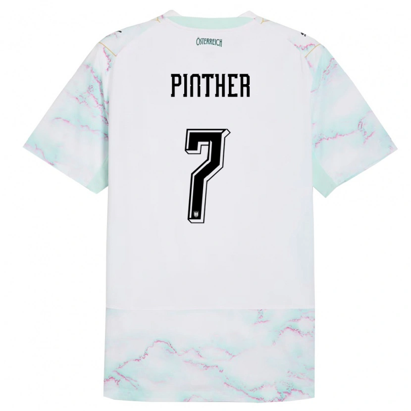 Danxen Barn Österrike Viktoria Pinther #7 Vit Grön Guld Bortatröja Matchtröjor 26-28 Tröjor T-Tröja