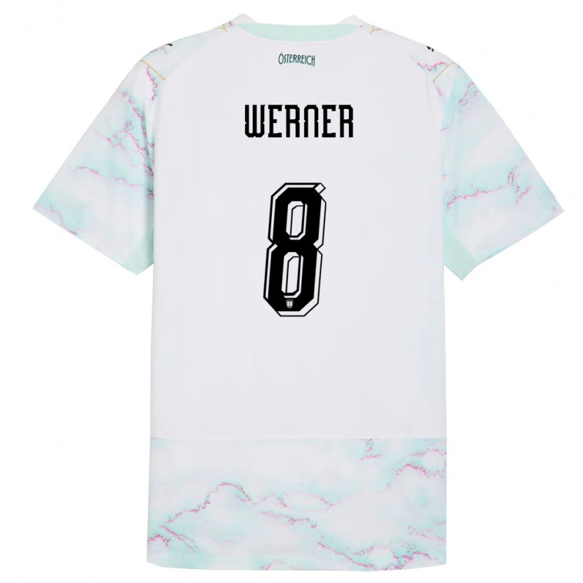 Danxen Barn Österrike Jakob Werner #8 Vit Grön Guld Bortatröja Matchtröjor 26-28 Tröjor T-Tröja