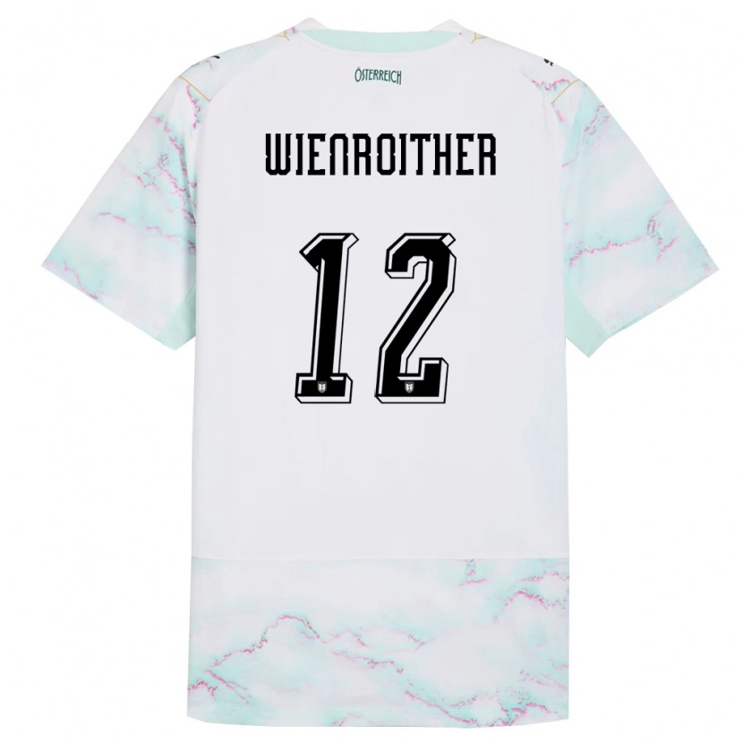 Danxen Barn Österrike Laura Wienroither #12 Vit Grön Guld Bortatröja Matchtröjor 26-28 Tröjor T-Tröja