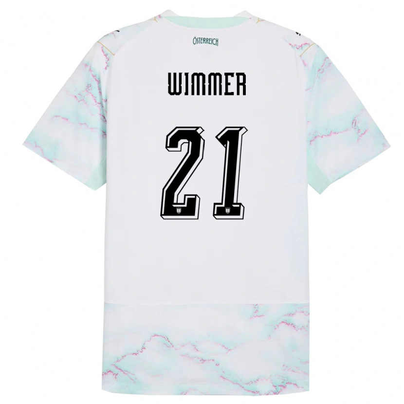 Danxen Barn Österrike Patrick Wimmer #21 Vit Grön Guld Bortatröja Matchtröjor 26-28 Tröjor T-Tröja