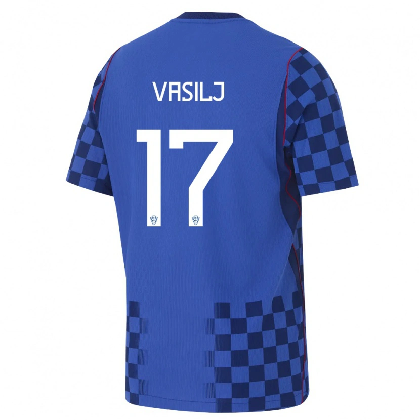 Danxen Barn Kroatien Jakov Anton Vasilj #17 Blå Marin Röd Bortatröja Matchtröjor 26-28 Tröjor T-Tröja