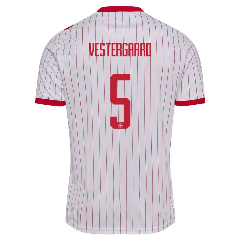Danxen Barn Danmark Frederik Vestergaard #5 Vit Röd Bortatröja Matchtröjor 26-28 Tröjor T-Tröja