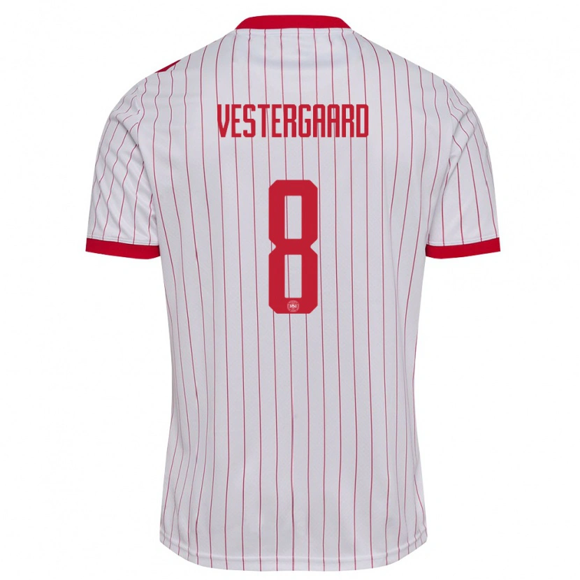 Danxen Barn Danmark Frederik Vestergaard #8 Vit Röd Bortatröja Matchtröjor 26-28 Tröjor T-Tröja