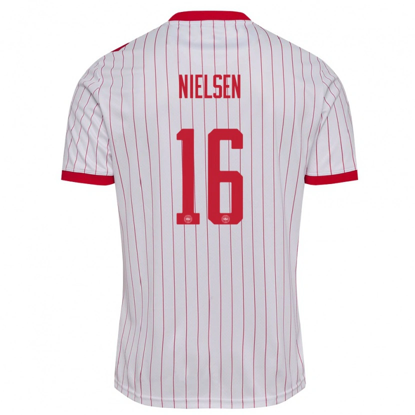 Danxen Barn Danmark Magnus Nielsen #16 Vit Röd Bortatröja Matchtröjor 26-28 Tröjor T-Tröja