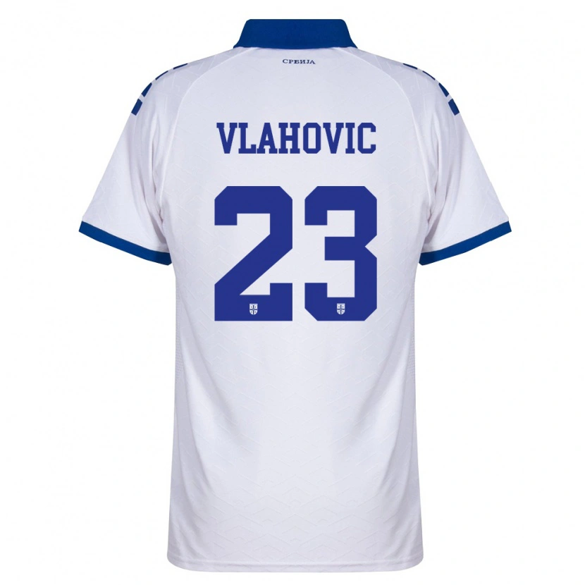 Danxen Barn Serbien Dušan Vlahović #23 Marin Vit Röd Bortatröja Matchtröjor 26-28 Tröjor T-Tröja