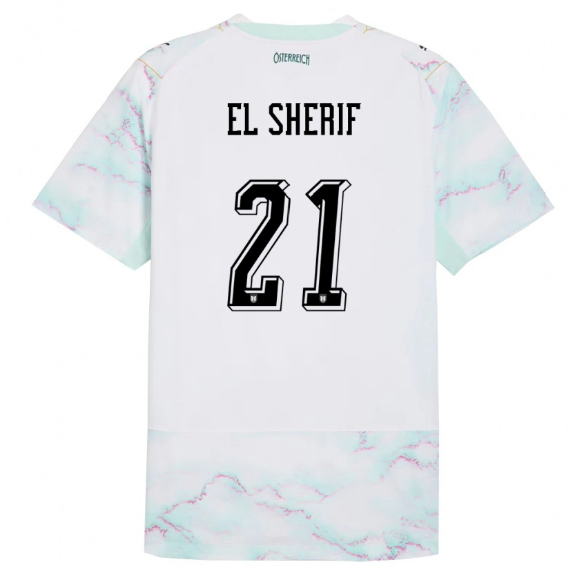 Danxen Män Österrike Mariella El Sherif #21 Vit Grön Guld Bortatröja Matchtröjor 26-28 Tröjor T-Tröja