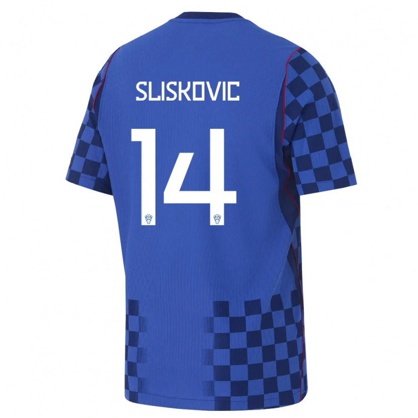 Danxen Män Kroatien Duje Sliskovic #14 Blå Marin Röd Bortatröja Matchtröjor 26-28 Tröjor T-Tröja