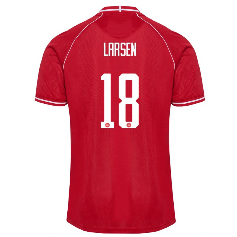 Danxen Kvinnor Danmark Lukas Larsen #18 Röd Vit Hemmatröja Matchtröjor 26-28 Tröjor T-Tröja