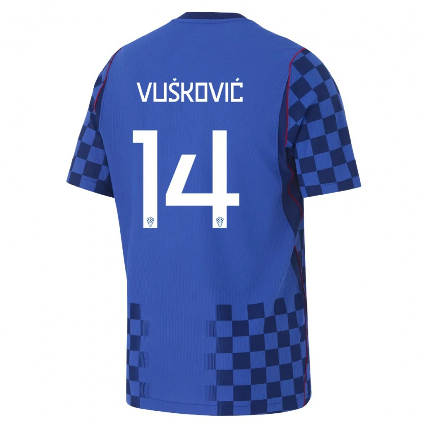 Danxen Kvinnor Kroatien Mario Vuskovic #14 Blå Marin Röd Bortatröja Matchtröjor 26-28 Tröjor T-Tröja