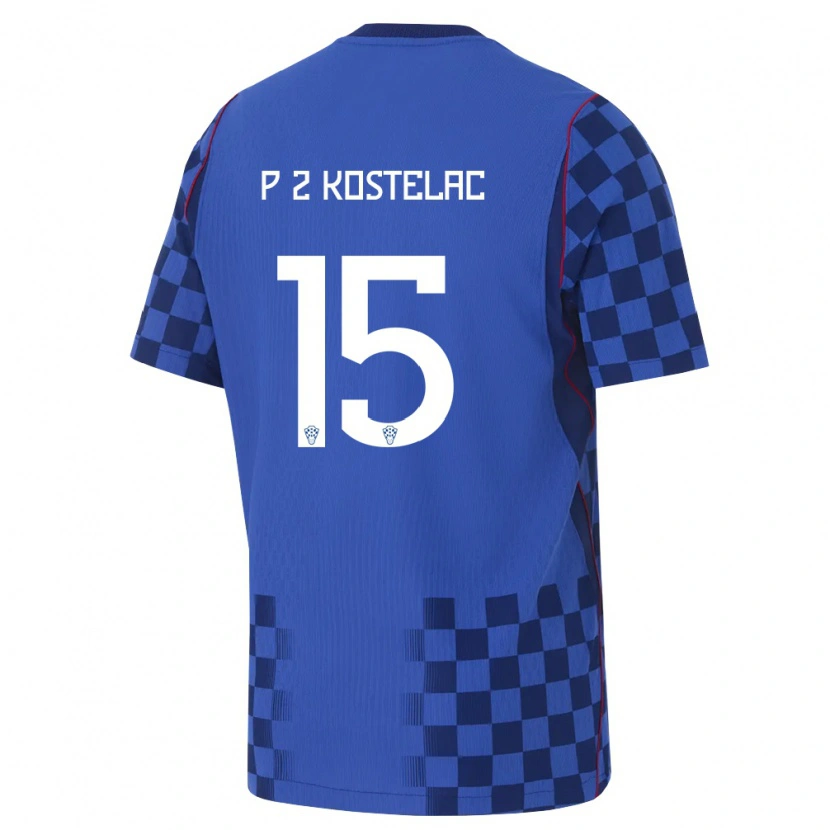 Danxen Kvinnor Kroatien Petar Zvonimir Kostelac #15 Blå Marin Röd Bortatröja Matchtröjor 26-28 Tröjor T-Tröja