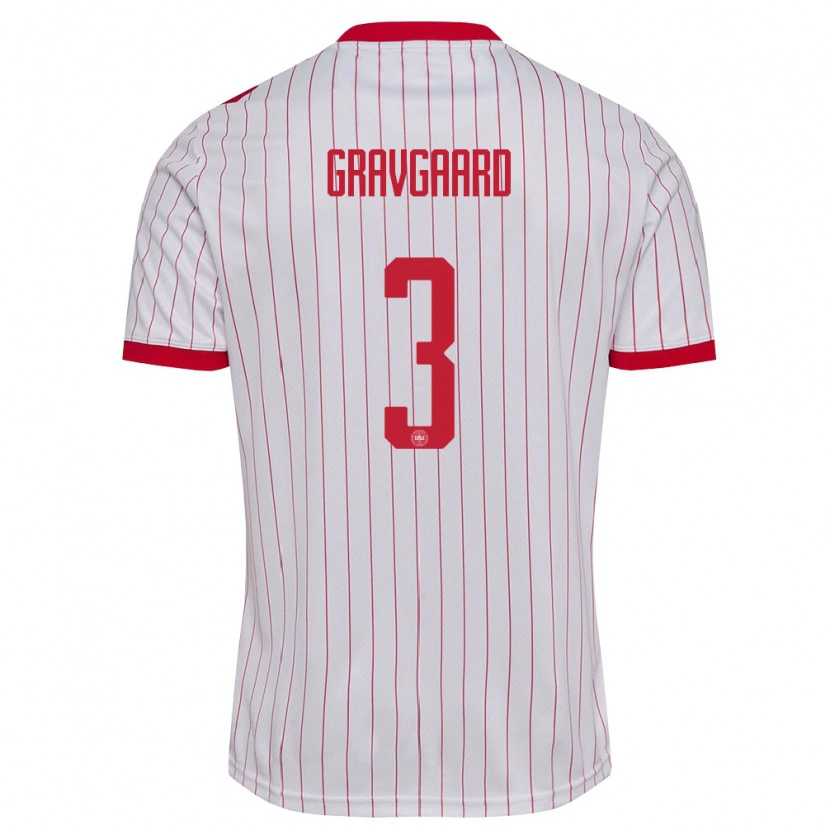 Danxen Kvinnor Danmark Gustav Gravgaard #3 Vit Röd Bortatröja Matchtröjor 26-28 Tröjor T-Tröja