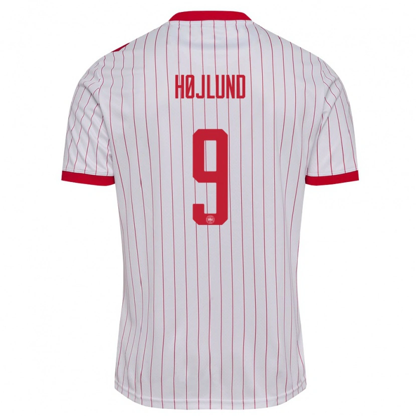 Danxen Kvinnor Danmark Rasmus Højlund #9 Vit Röd Bortatröja Matchtröjor 26-28 Tröjor T-Tröja
