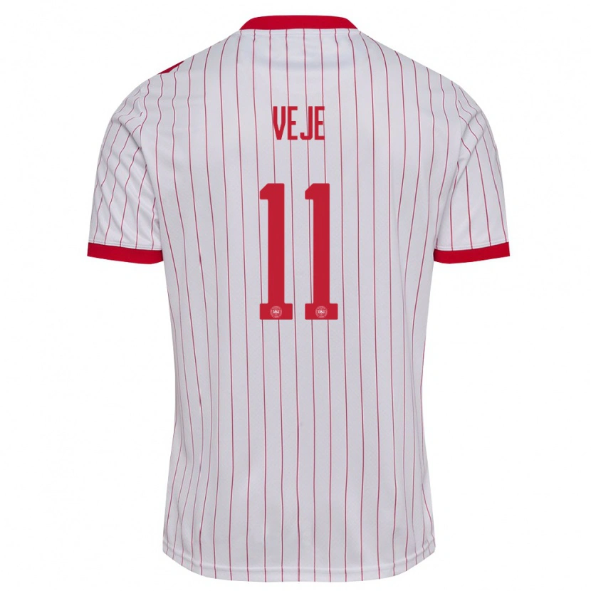 Danxen Kvinnor Danmark Katrine Veje #11 Vit Röd Bortatröja Matchtröjor 26-28 Tröjor T-Tröja