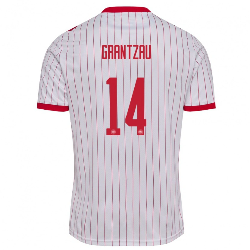Danxen Kvinnor Danmark Zander Grantzau #14 Vit Röd Bortatröja Matchtröjor 26-28 Tröjor T-Tröja