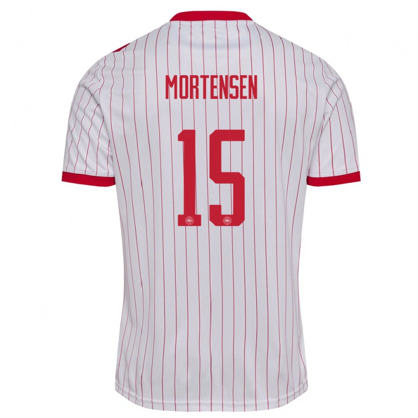 Danxen Kvinnor Danmark Gustav Mortensen #15 Vit Röd Bortatröja Matchtröjor 26-28 Tröjor T-Tröja