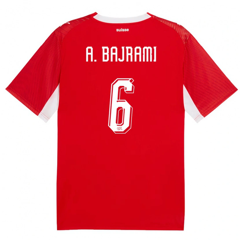 Danxen Kvinnor Schweiz Adrian Bajrami #6 Röd Vit Hemmatröja Matchtröjor 26-28 Tröjor T-Tröja