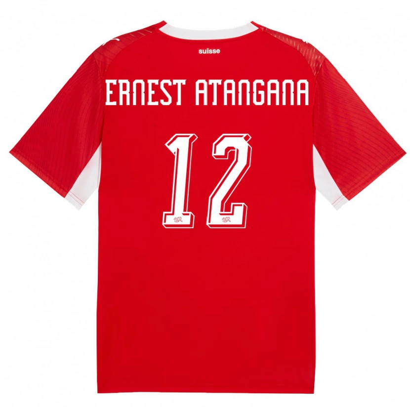 Danxen Kvinnor Schweiz Brian Ernest Atangana #12 Röd Vit Hemmatröja Matchtröjor 26-28 Tröjor T-Tröja