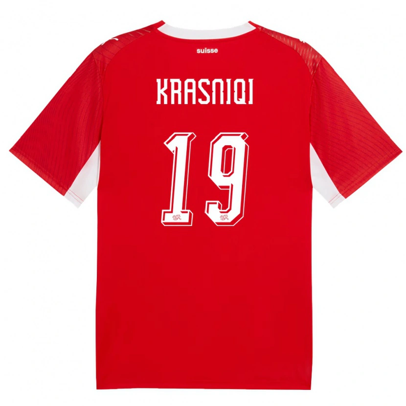 Danxen Kvinnor Schweiz Samuel Krasniqi #19 Röd Vit Hemmatröja Matchtröjor 26-28 Tröjor T-Tröja