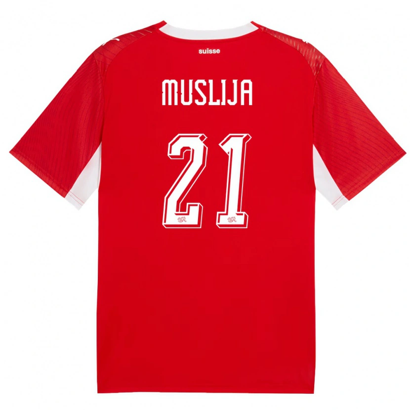 Danxen Kvinnor Schweiz Gentrit Muslija #21 Röd Vit Hemmatröja Matchtröjor 26-28 Tröjor T-Tröja
