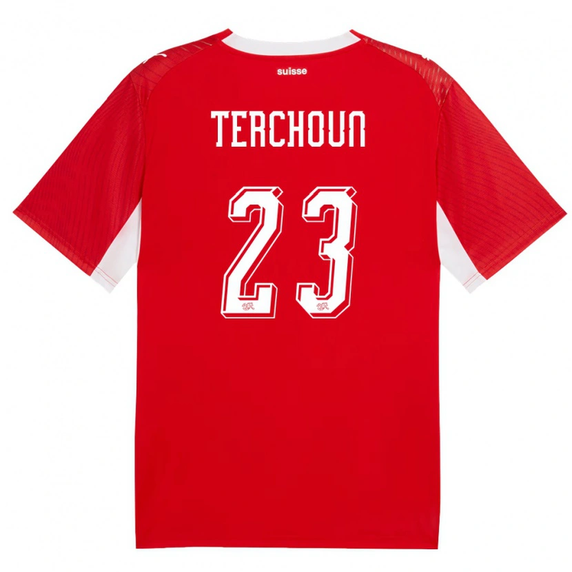 Danxen Kvinnor Schweiz Meriame Terchoun #23 Röd Vit Hemmatröja Matchtröjor 26-28 Tröjor T-Tröja