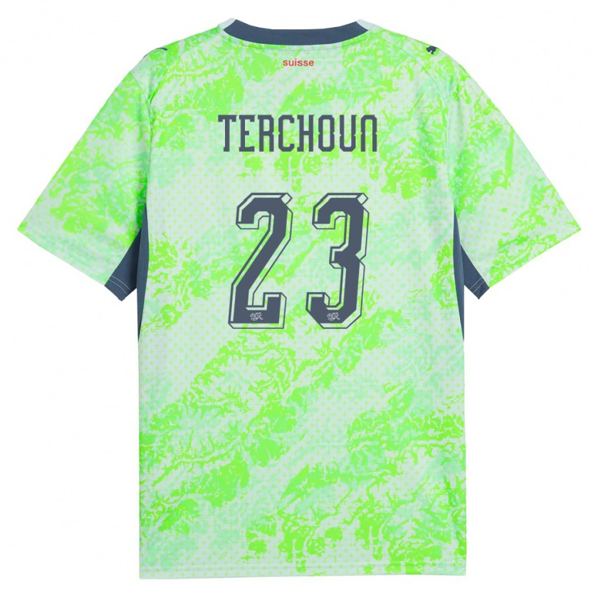 Danxen Kvinnor Schweiz Meriame Terchoun #23 Grön Marin Bortatröja Matchtröjor 26-28 Tröjor T-Tröja