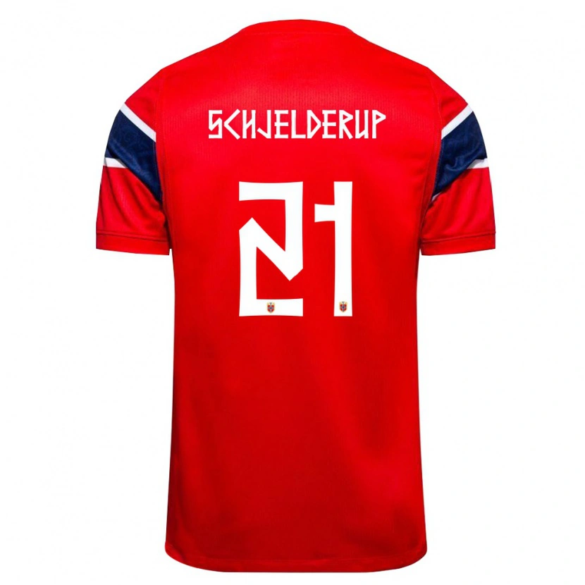 Danxen Barn Norge Andreas Schjelderup #21 Röd Marin Vit Hemmatröja Matchtröjor 26-28 Tröjor T-Tröja