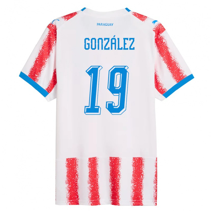 Danxen Barn Paraguay Angel González #19 Vit Röd Blå Hemmatröja Matchtröjor 26-28 Tröjor T-Tröja