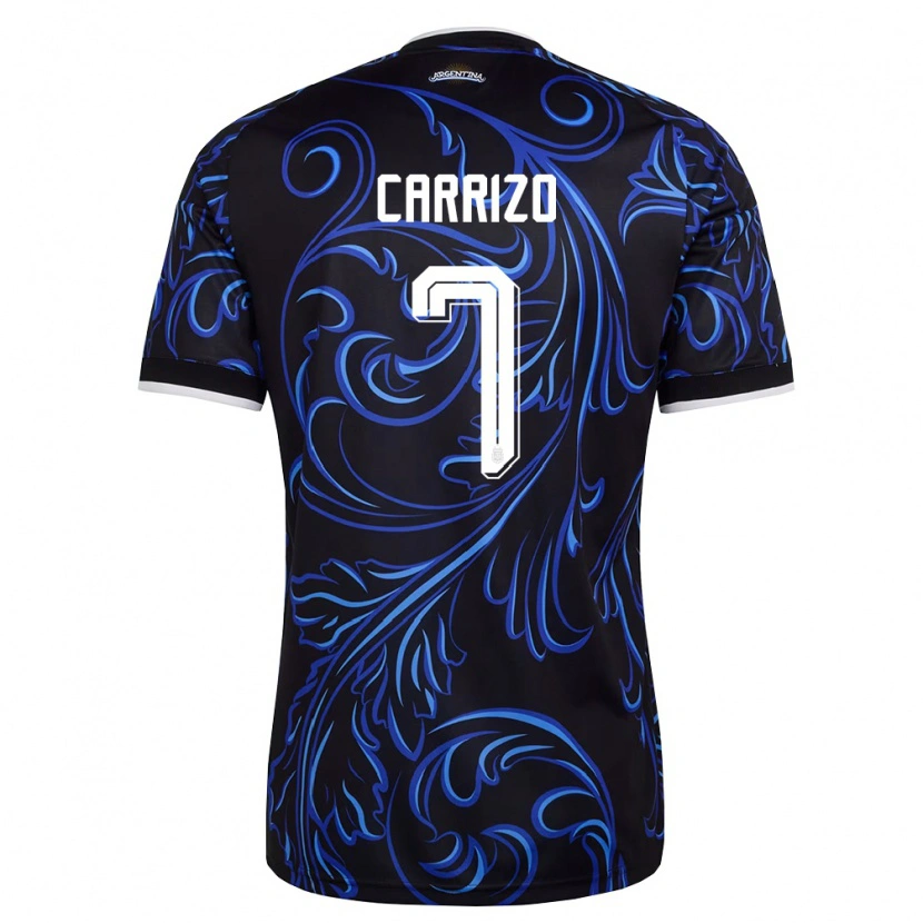 Danxen Barn Argentina Maher Carrizo #7 Svart Vit Himmelblå Bortatröja Matchtröjor 26-28 Tröjor T-Tröja