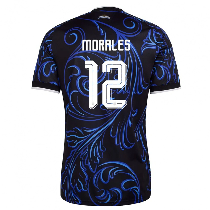 Danxen Barn Argentina Lautaro Morales #12 Svart Vit Himmelblå Bortatröja Matchtröjor 26-28 Tröjor T-Tröja