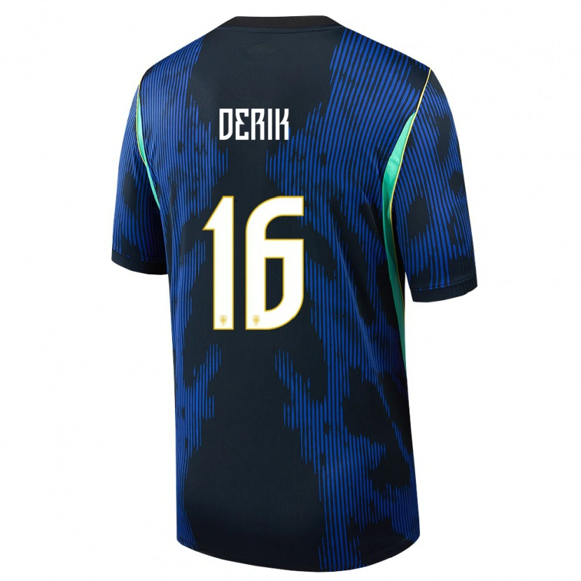Danxen Barn Brasilien Léo Derik #16 Blå Marin Gul Bortatröja Matchtröjor 26-28 Tröjor T-Tröja