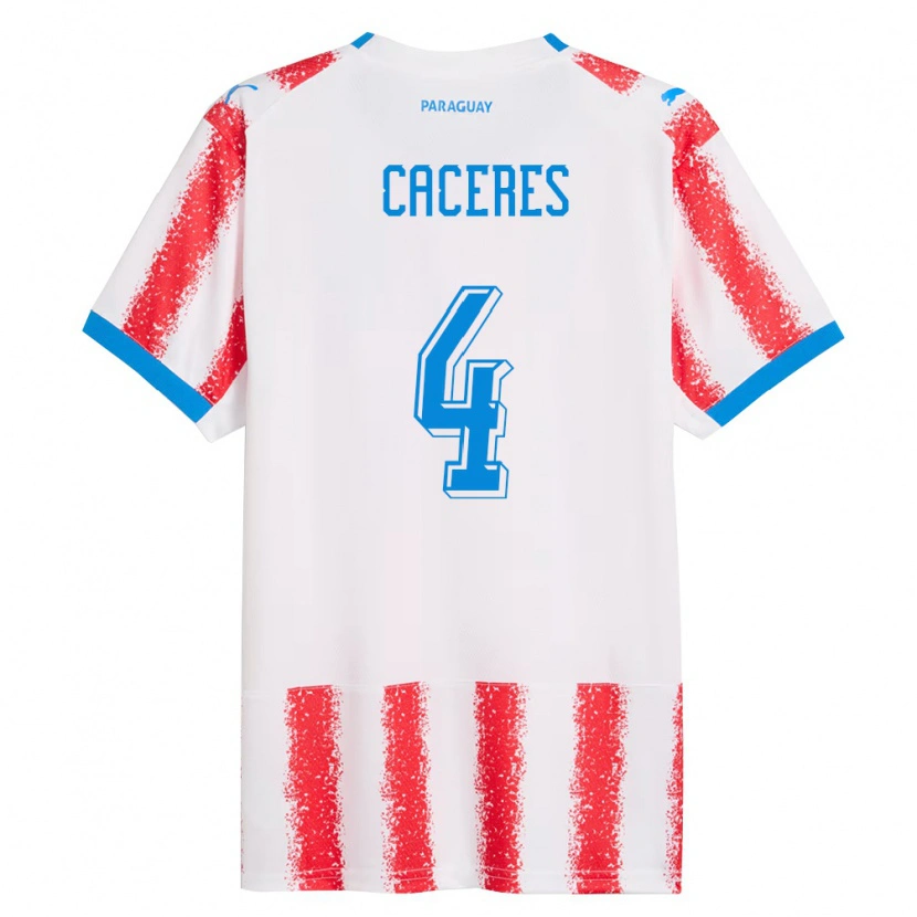 Danxen Män Paraguay Juan José Cáceres #4 Vit Röd Blå Hemmatröja Matchtröjor 26-28 Tröjor T-Tröja