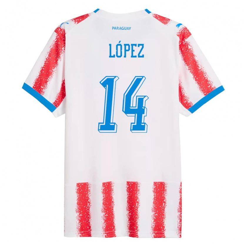 Danxen Män Paraguay Oliver López #14 Vit Röd Blå Hemmatröja Matchtröjor 26-28 Tröjor T-Tröja