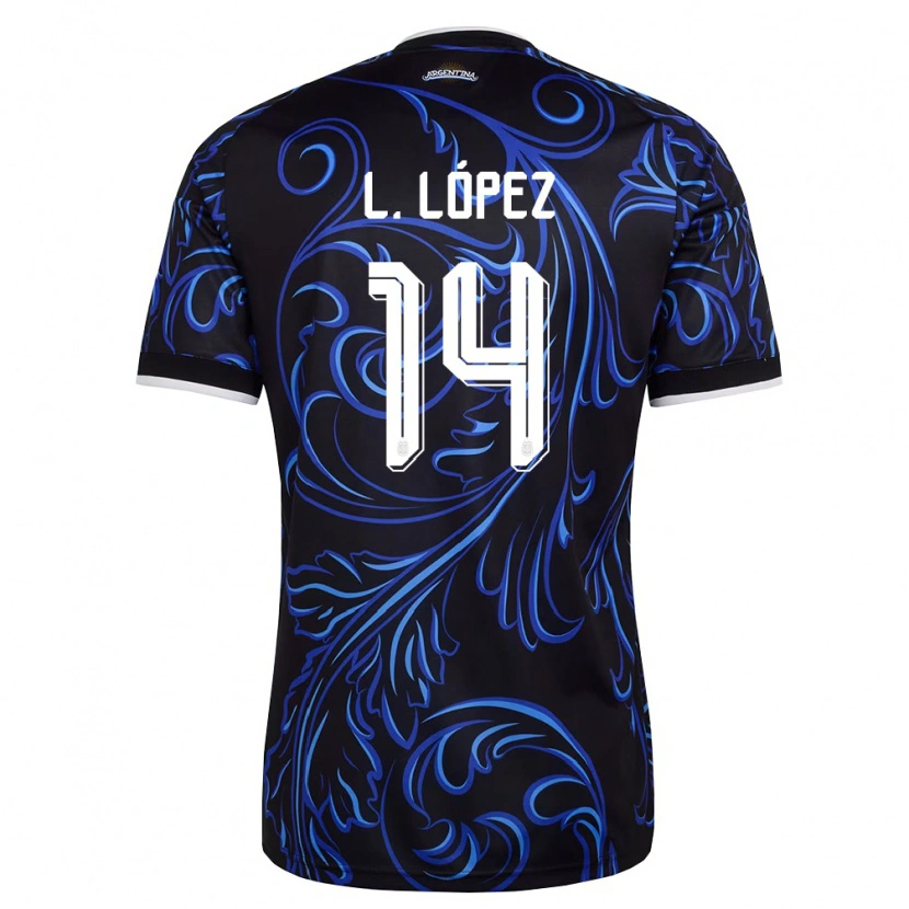 Danxen Kvinnor Argentina Lautaro Lopez #14 Svart Vit Himmelblå Bortatröja Matchtröjor 26-28 Tröjor T-Tröja
