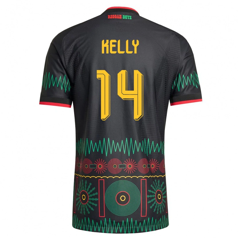 Danxen Barn Jamaica Raheem Kelly #14 Svart Röd Gul Bortatröja Matchtröjor 26-28 Tröjor T-Tröja