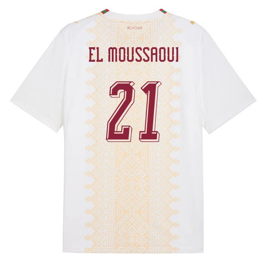 Danxen Barn Marocko Tajeddine El Moussaoui #21 Vit Guld Röd Bortatröja Matchtröjor 26-28 Tröjor T-Tröja