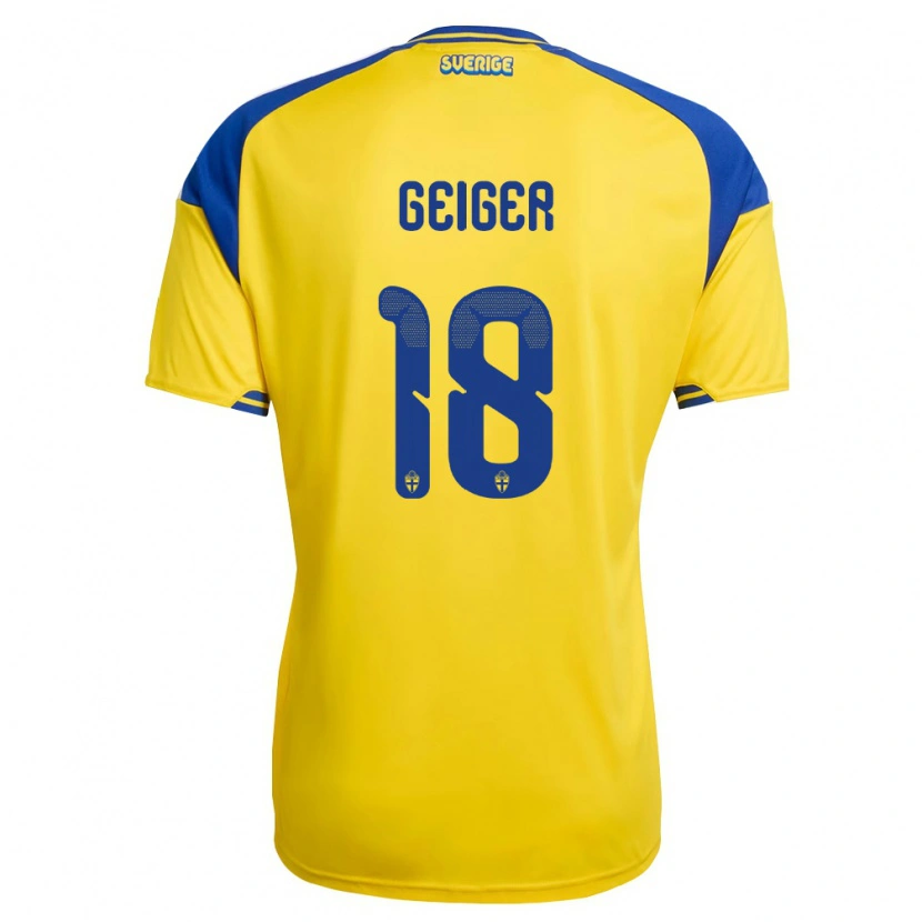 Danxen Barn Sverige Yannick Geiger #18 Gul Blå Vit Hemmatröja Matchtröjor 26-28 Tröjor T-Tröja