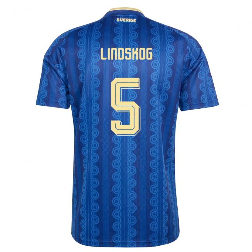 Danxen Barn Sverige Hugo Lindskog #5 Blå Marin Gul Bortatröja Matchtröjor 26-28 Tröjor T-Tröja