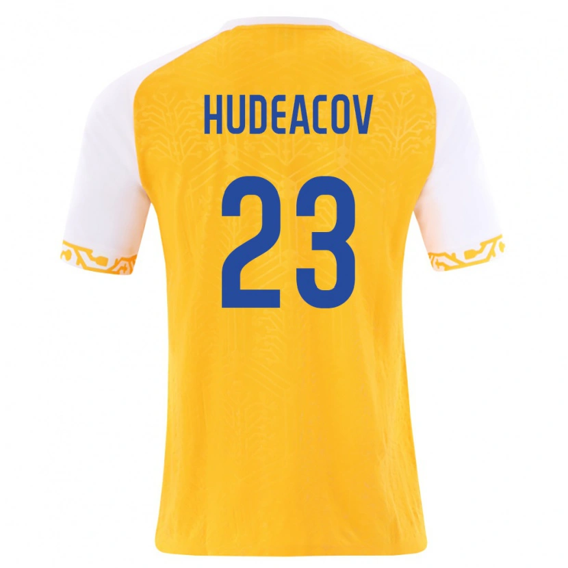 Danxen Barn Moldavien Andrei Hudeacov #23 Gul Vit Bortatröja Matchtröjor 26-28 Tröjor T-Tröja