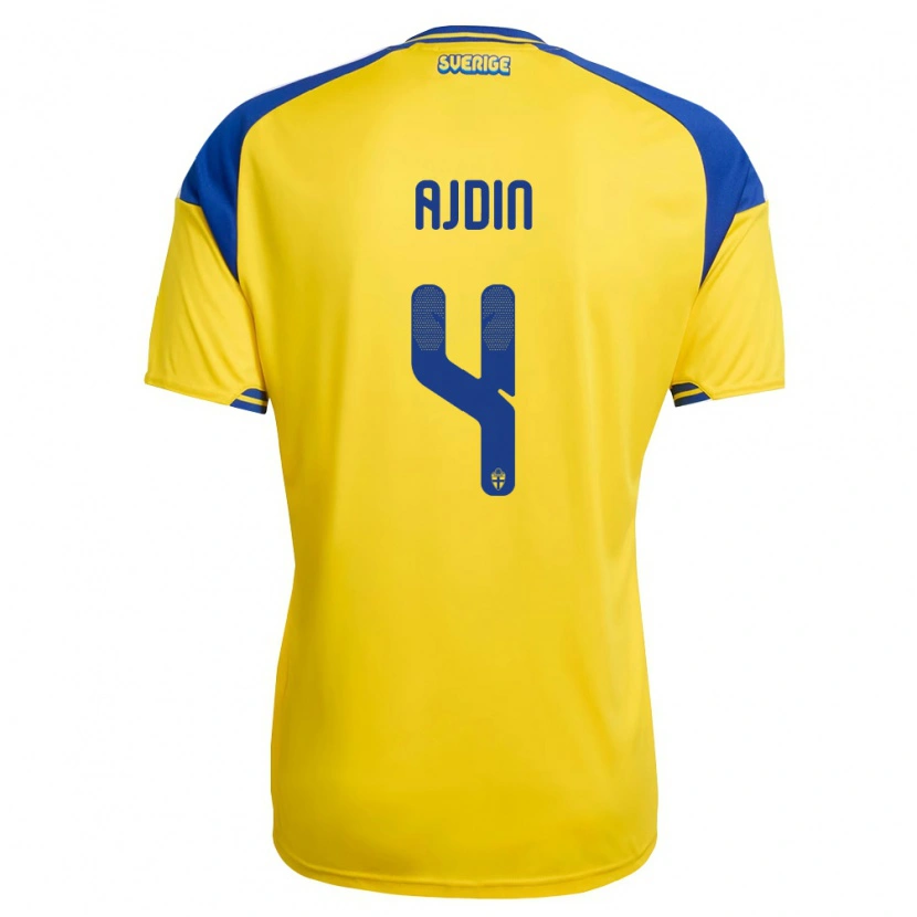 Danxen Män Sverige Gjan Ajdin #4 Gul Blå Vit Hemmatröja Matchtröjor 26-28 Tröjor T-Tröja